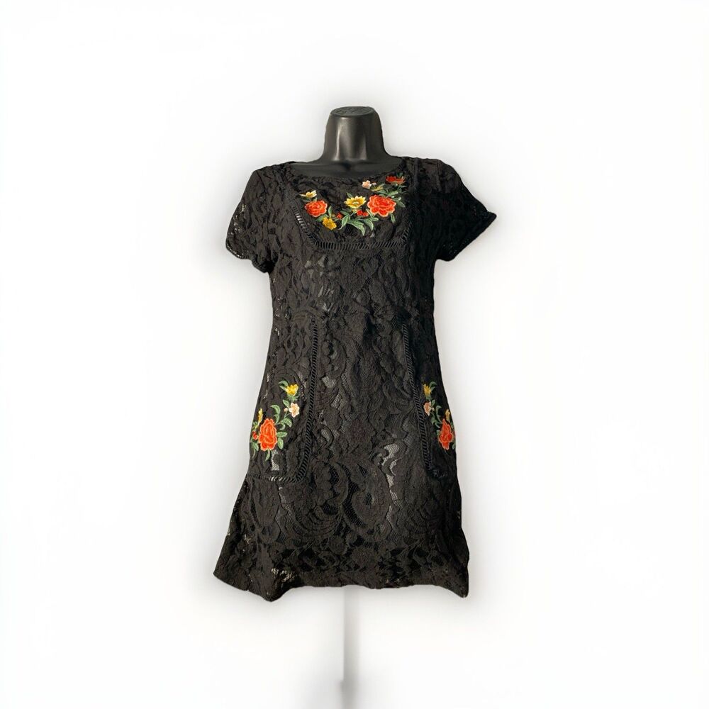 FOREVER 21 Black Red Lace Rose Floral Mini Fit Flare Dress Lg‎ Whimsigoth Fairy